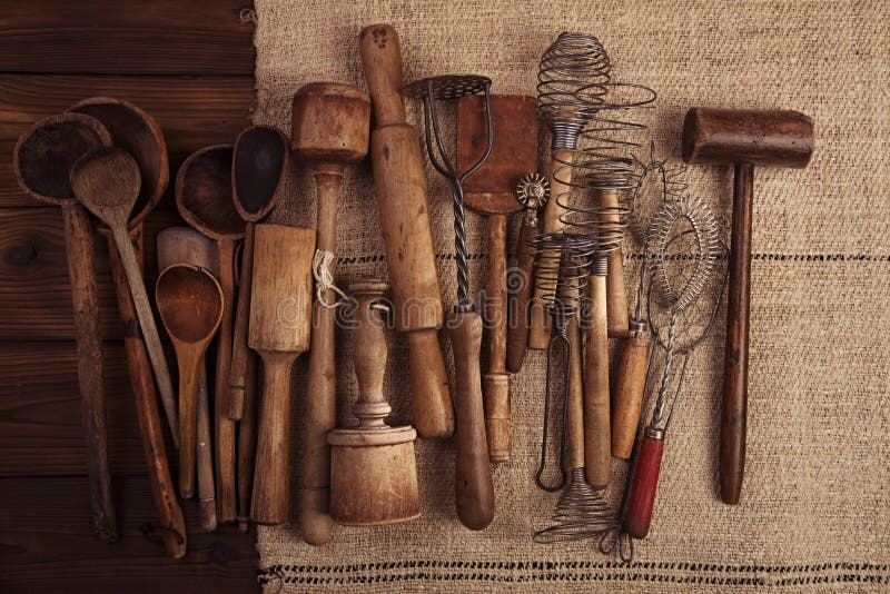 Real vintage kitchen utensils royalty free stock photos