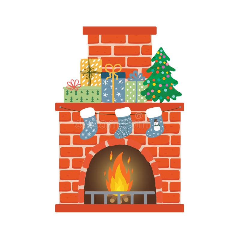 Red brick fireplace with socks, christmas tree and gifts . Happy new year decoration. Merry christmas holiday. New year royalty free illustration Red brick fireplace with socks, christmas tree and gifts . Happy new year decoration. Merry christmas holiday. New year royalty free illustration