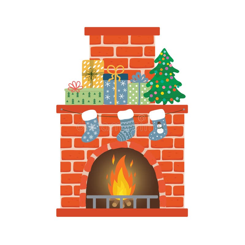 Red brick fireplace with socks, christmas tree and gifts . Happy new year decoration. Merry christmas holiday. New year royalty free illustration