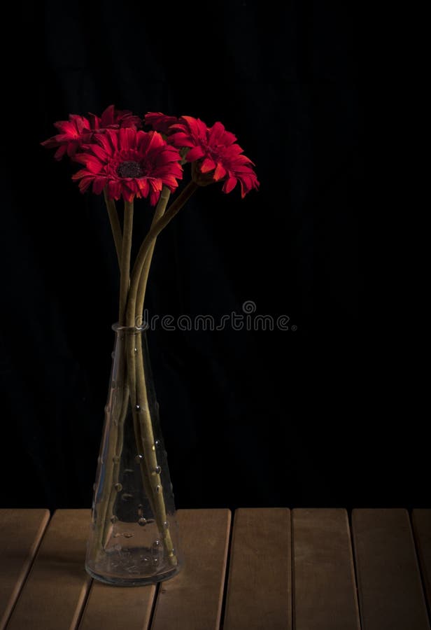 Red flowers in a vase. Low key image of red flowers in a vase on wooden floor royalty free stock photo
