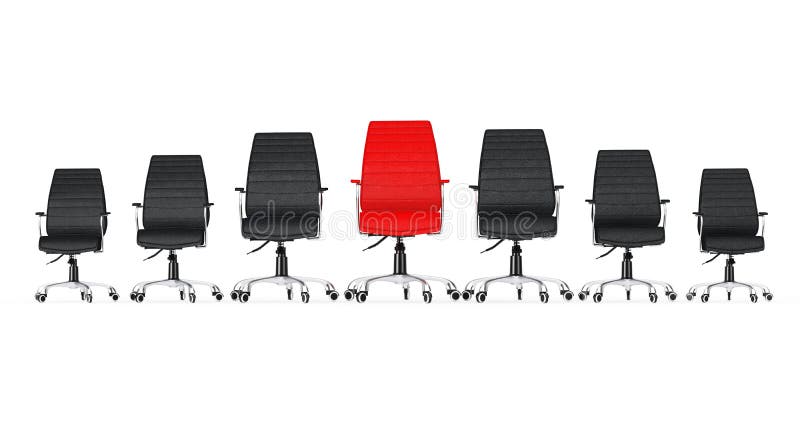 Red Leather Boss Office Chair Between Other Black Chairs. 3d Rendering. Red Leather Boss Office Chair Between Other Black Chairs on a white background. 3d vector illustration