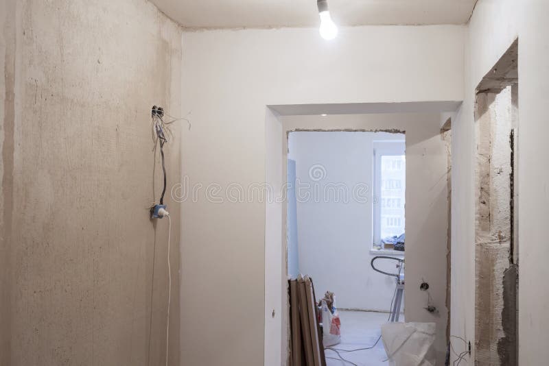 Repair and dismantling of the apartment. Construction concept. Finishing work. Partitions in a new apartment.  stock photos