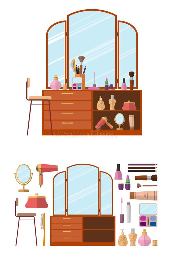 Room interior with dressing table. Woman cosmetics objects in flat style vector illustration. Furniture for female. Boudoir. Design elements and icons isolated royalty free illustration