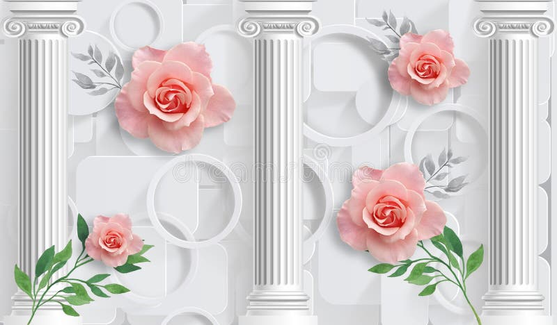 Rose and columns. Photo wallpaper for interior. 3D rendering. Rose and columns. Photo wallpaper for interior stock illustration