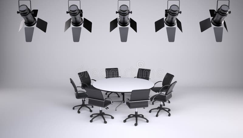 Round table and eight office chairs. On a gray background. On the ceiling of the studio lighting lamps. Cooperation concept royalty free illustration