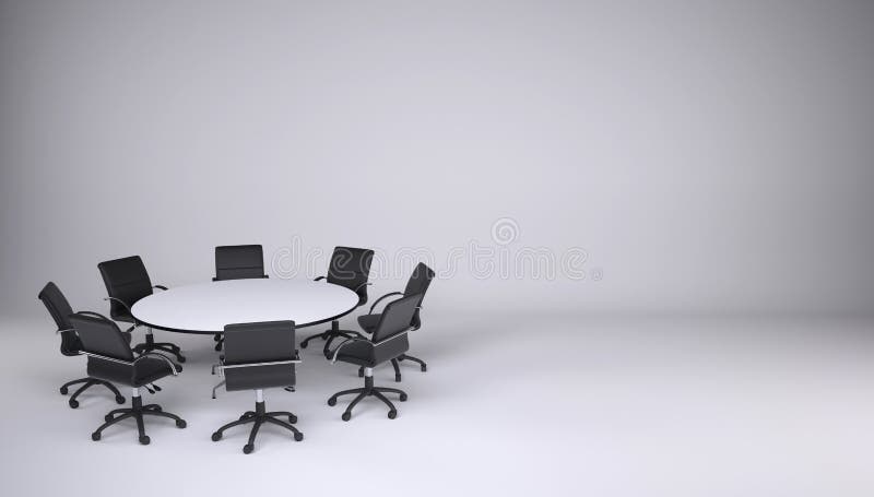 Round table and eight office chairs. On a gray background. Cooperation concept stock illustration