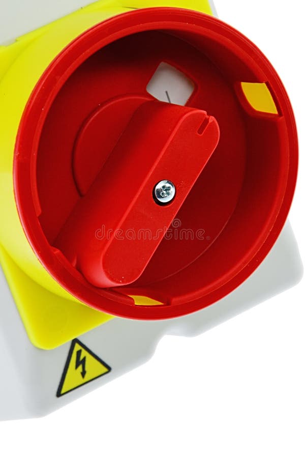 Safety round main electric power switch in on position with yellow outline and symbol of triangular symbol of high voltage stock image