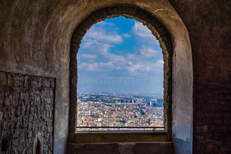 Scenic rock arch balcony overlooking the Napoli. Italy stock image