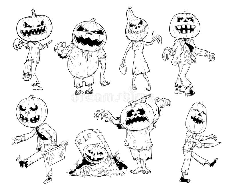 Set of Cute Hand Drawing Halloween Pumpkin Zombie Illustrations royalty free illustration