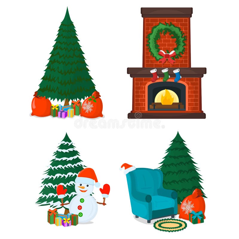 Set of New Year.  Fireplace, Christmas Tree, Gift Icon Concept. Furniture on White Background. Chair Symbol, Icon and Badge. stock illustration