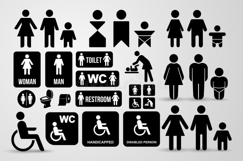 Set of WC black sign for restroom. Toilet door plate icons. Men and women symbols. Vector illustration. Isolated on white backgrou. Nd vector illustration