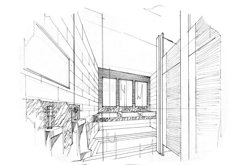 Sketch perspective interior toilet & bathroom , black and white interior design. Sketch stripes toilet & bathroom, black and white interior design stock illustration