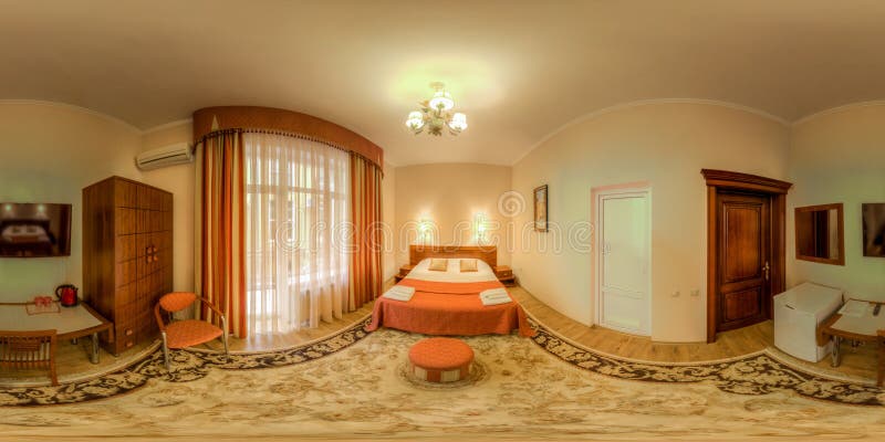 Spherical panorama of hotel room. Spherical panorama of an inexpensive hotel room royalty free stock photo