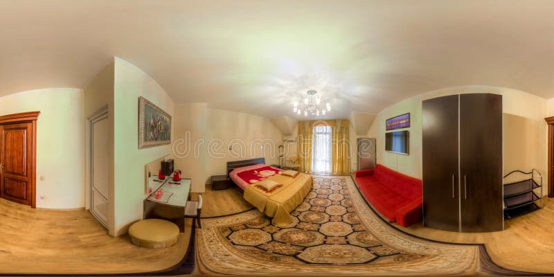 Spherical panorama of hotel room. Spherical panorama of an inexpensive hotel room royalty free stock image