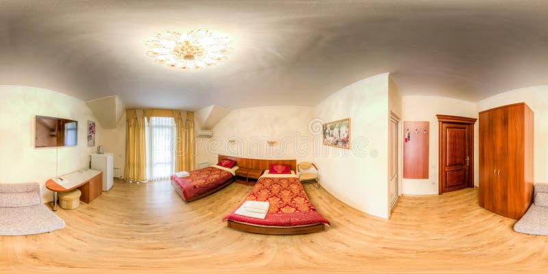 Spherical panorama of hotel room. Spherical panorama of an inexpensive hotel room royalty free stock images