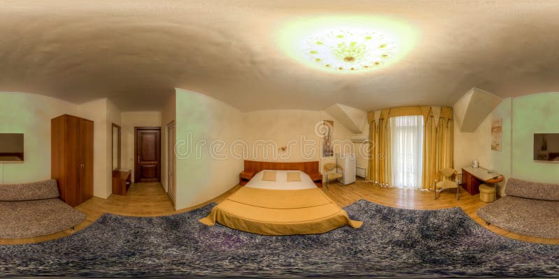 Spherical panorama of hotel room. Spherical panorama of an inexpensive hotel room stock image