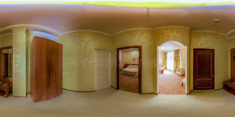 Spherical panorama of hotel room. Spherical panorama of an inexpensive hotel room stock images