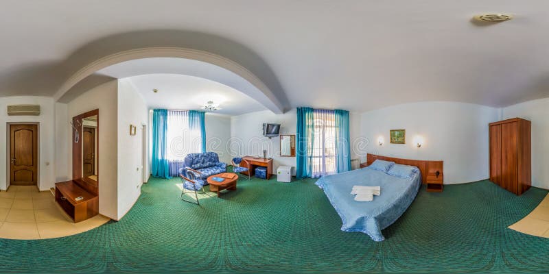 Spherical panorama of hotel room. Spherical panorama of an inexpensive hotel room royalty free stock photo