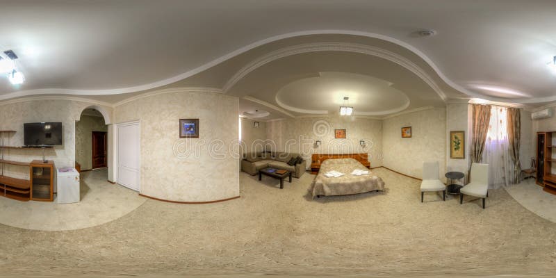 Spherical panorama of hotel room. Spherical panorama of an inexpensive hotel room stock photo