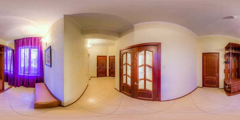 Spherical panorama of hotel room. Spherical panorama of an inexpensive hotel room stock photo