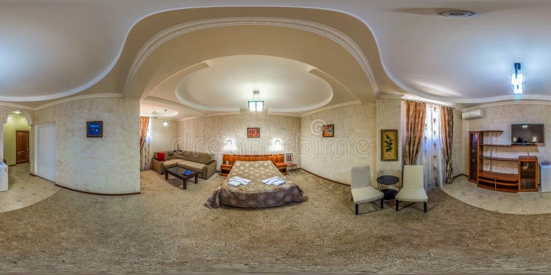 Spherical panorama of hotel room. Spherical panorama of an inexpensive hotel room stock photos