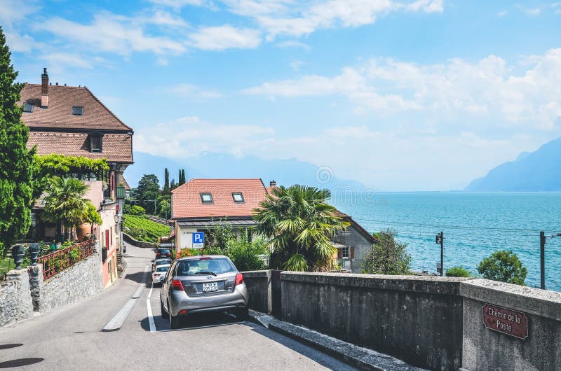 St. Saphorin, Switzerland - July 9, 2019: Streets of rural wine making village Saint Saphorin in Swiss Lavaux wine region. Houses. Located above the beautiful stock images