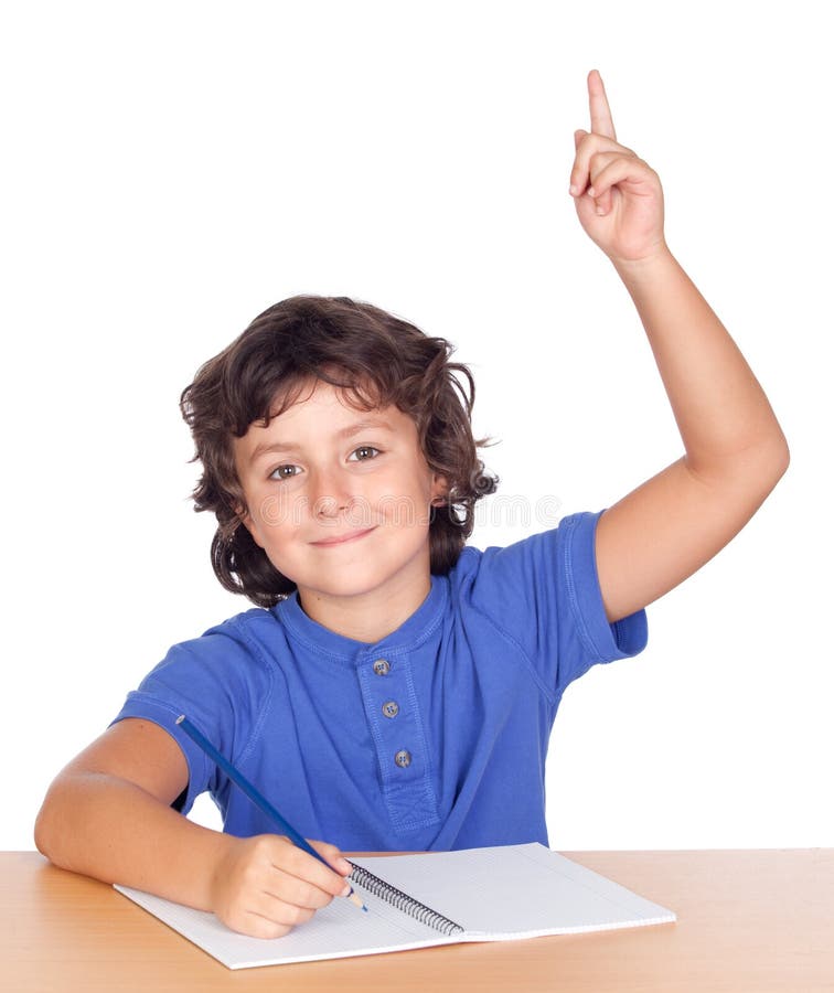 Student child studying raising the hand stock photo