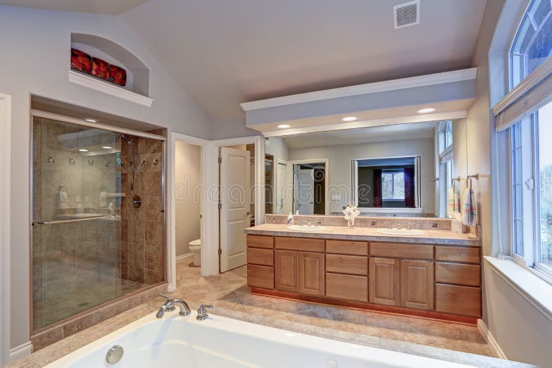 Stunning master bathroom with double vanity cabinet stock photo