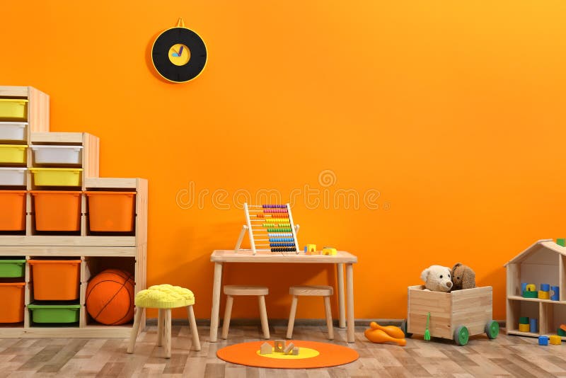 Stylish children`s room interior with toys. And new furniture royalty free stock photography