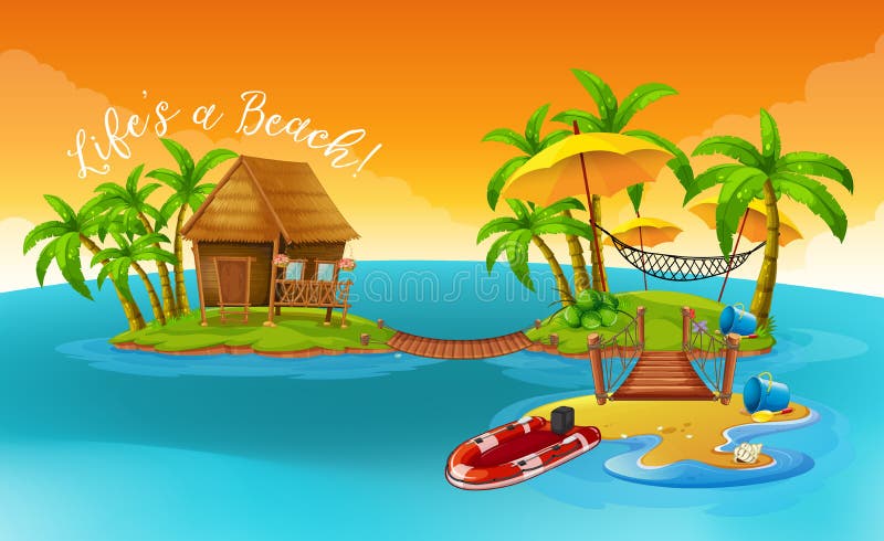 Summer holiday with cottage on the tropical island stock illustration