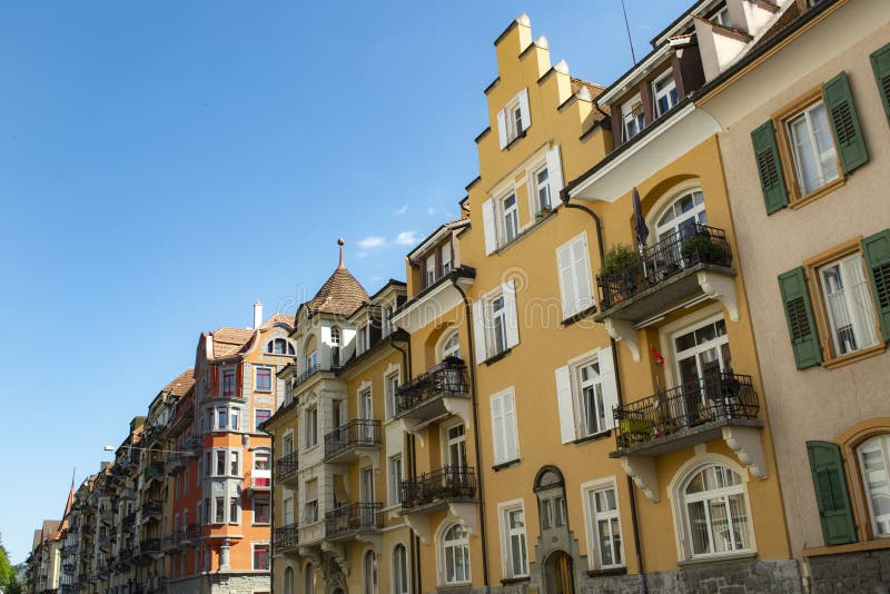 Swiss Architecture Tall Houses with Balconies.  royalty free stock photography