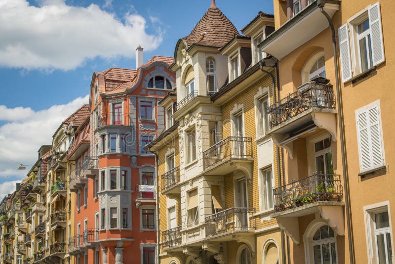 Swiss Architecture Tall Houses with Balconies. Lucerne stock photo