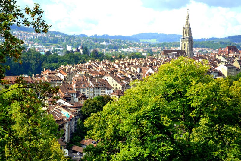 Swiss Architecture Traditional Houses With its cathedral from park on City of Bern, Switzerland. Beautiful Swiss Architecture Traditional Houses With its stock photography
