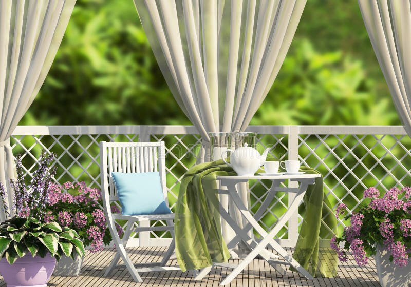 Terrace in the garden with curtains. And flowers royalty free stock photography