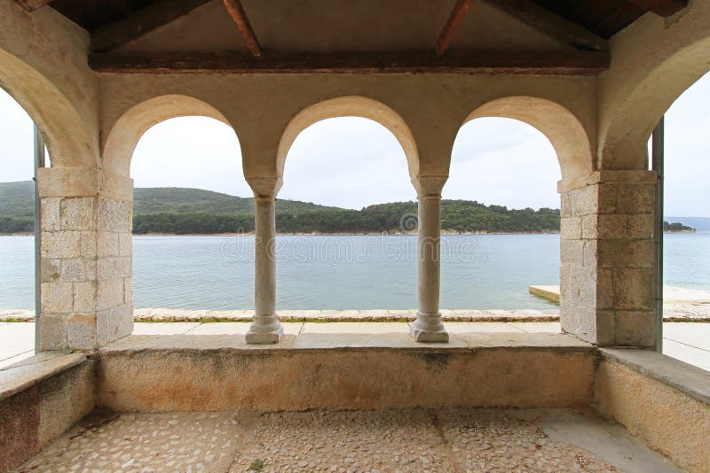 Three arch balcony. With Adriatic sea view royalty free stock images