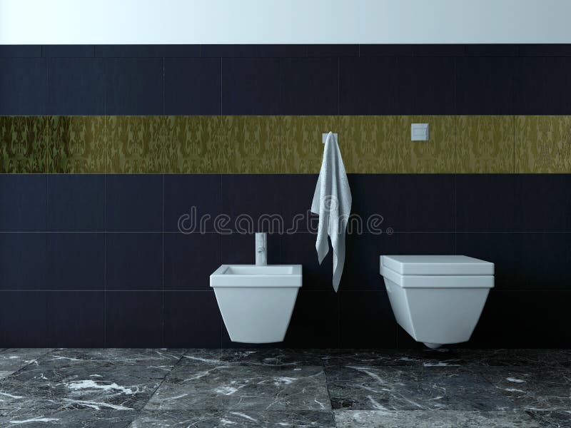 Toilet and bidet against black tiles stock image