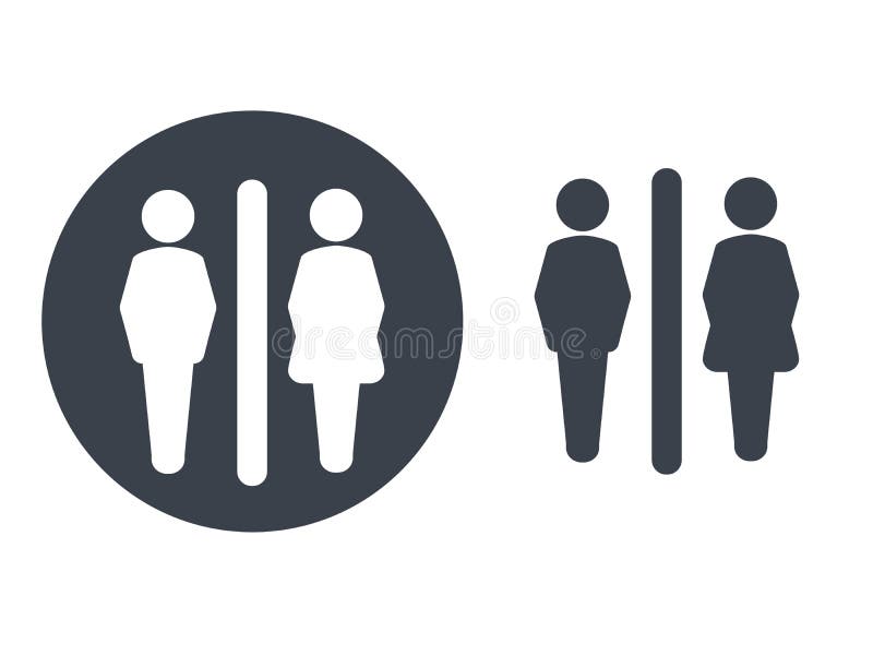 Toilet symbols on white background. White silhouettes in a dark grey circle and dark grey male and female icon on white backgroun. D. Man and woman sign vector illustration