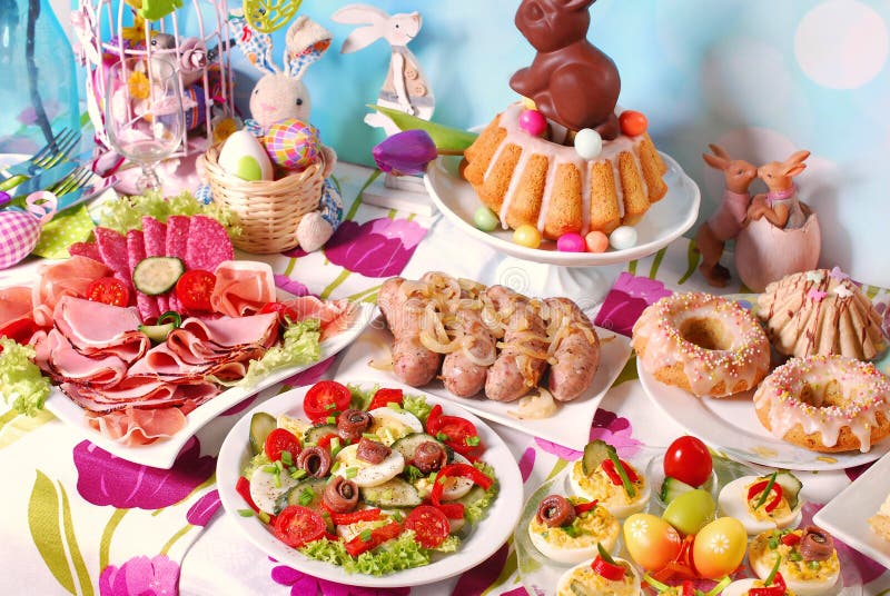 Traditional easter breakfast on festive table royalty free stock images