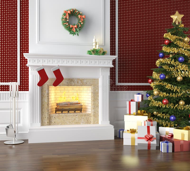 Traditional fireplace decorated for. Fireplace in a traditional home decorated for christmas with xmas tree and lots of presents royalty free illustration