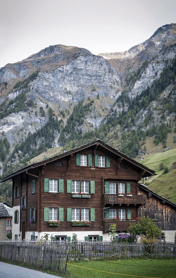 Traditional swiss alps houses in vals village alpine switzerland. Traditional swiss alps rural wood houses in vals village of alpine switzerland royalty free stock photography