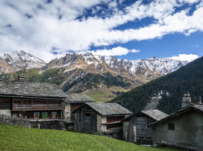 Traditional swiss alps houses in vals village alpine switzerland. Traditional swiss alps rural houses in vals village alpine switzerland stock image