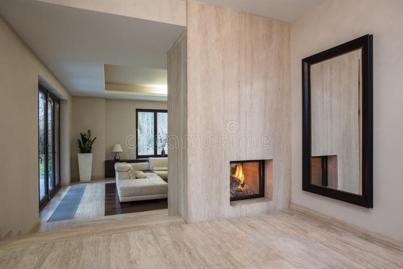 Travertine house: Entrance to living room stock images