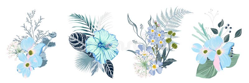 Tropical summer bouquet with palm leaves, herbs, fern and exotic flowers. Blue flowers composition isolated on white background stock illustration