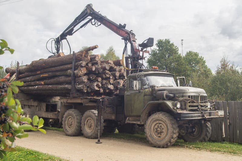 Unloading firewood from the truck in the Leningrad region of Russia. In the Northern regions of Russia is an important natural resource is the forest royalty free stock photos