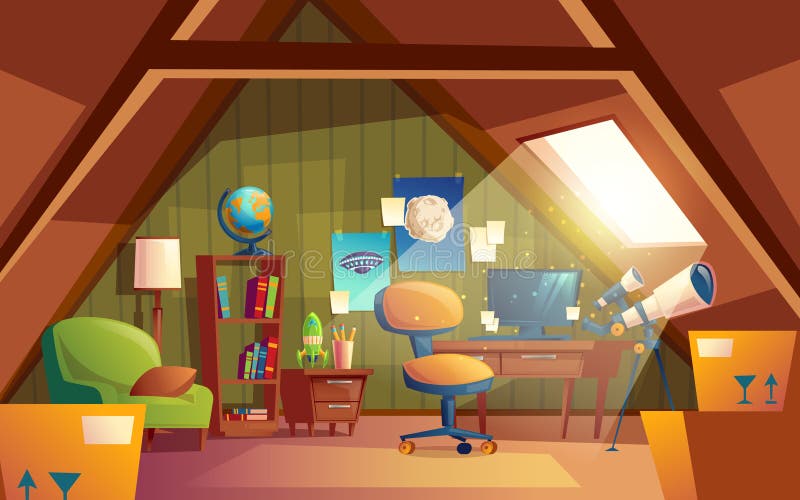 Vector attic interior, children playroom with furniture. stock illustration