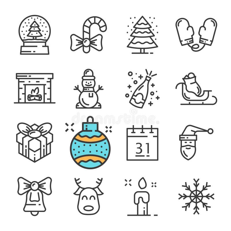 Vector black line Christmas and New Year icons set. Includes such Icons as Snowman, Mittens, Snow, Gift, Fireplace. royalty free illustration