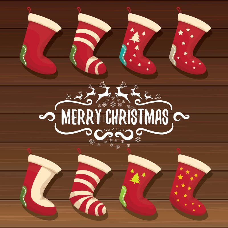 Vector cartoon cute christmas stocking or socks with color ornament. Merry Christmas vector greeting card vector illustration