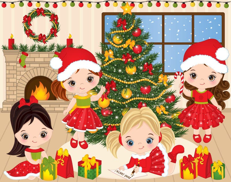 Vector Christmas and New Year set with Cute Little Girls and Xmas Elements stock illustration