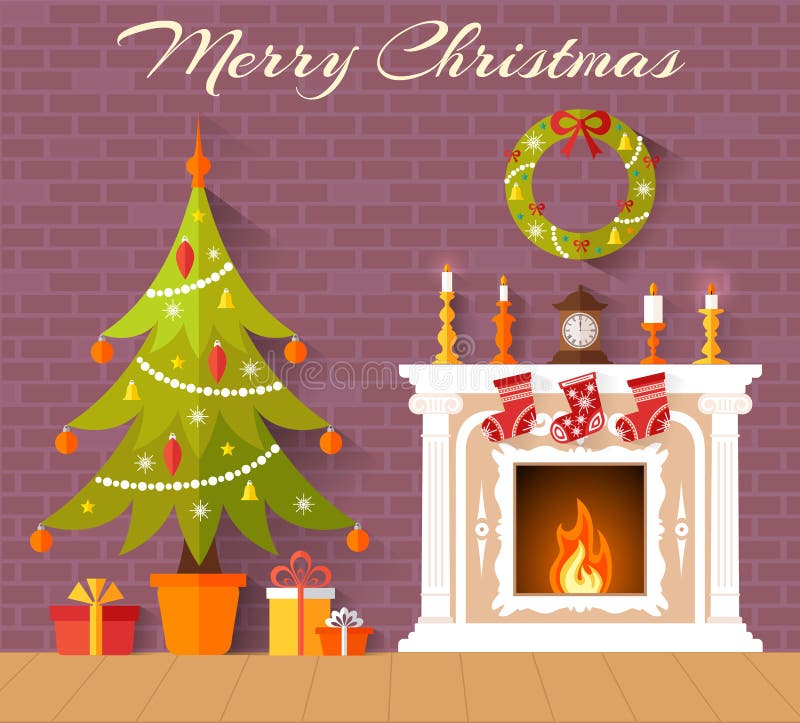 Vector interior decorated for Christmas. Christmas card with Christmas tree and fireplace. Interior decorated with the new year. Vector stock illustration