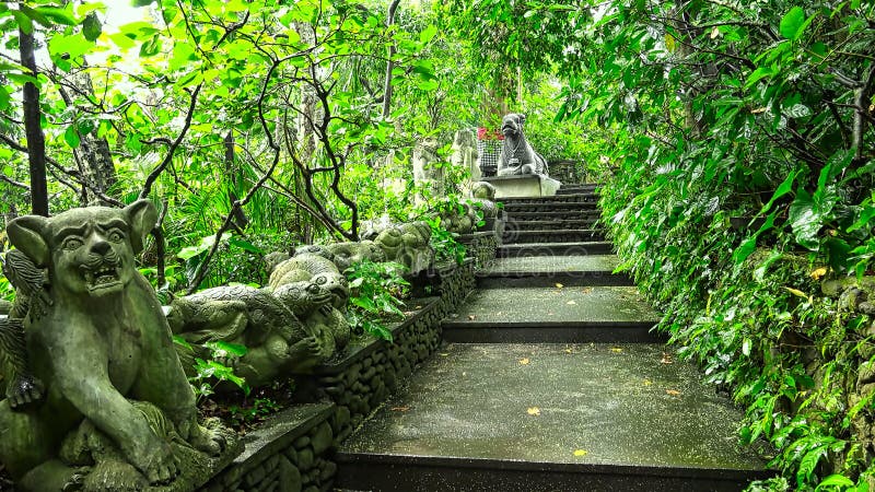 View of the hallway and green trees along the stairs royalty free stock image
